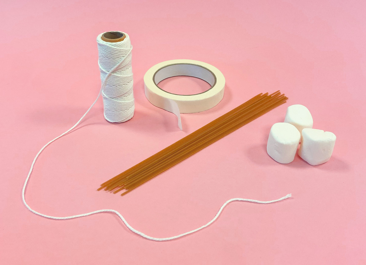 String, tape, spaghetti and marshmallows.