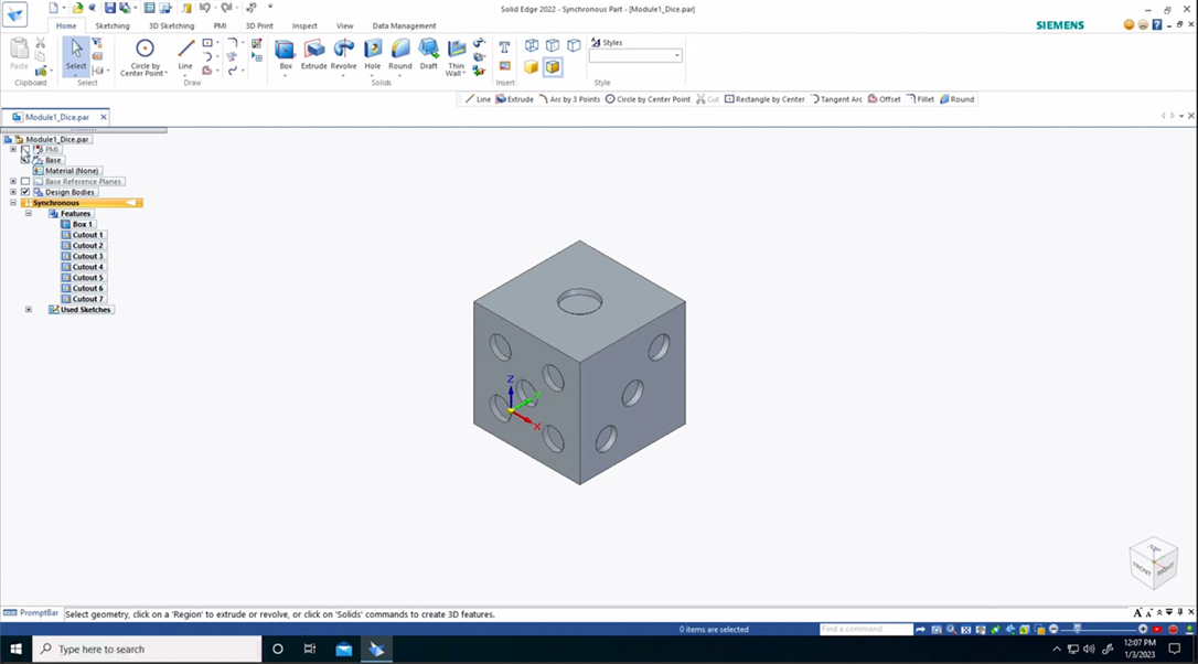 Solid Edge interface with dice object.