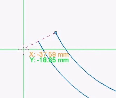 Move the mouse left and down, past the endpoint of the bottom arc sketch. A dotted line should appear.